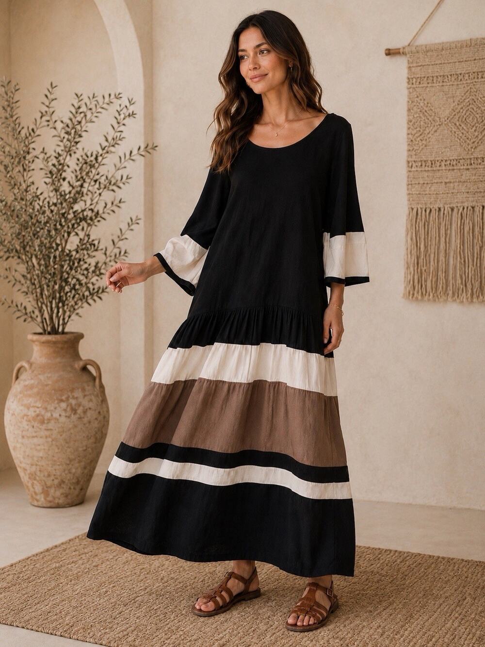 Free People Free-est Manda Black Combo Linen Blend Scoop Back Midi Dress Boho M